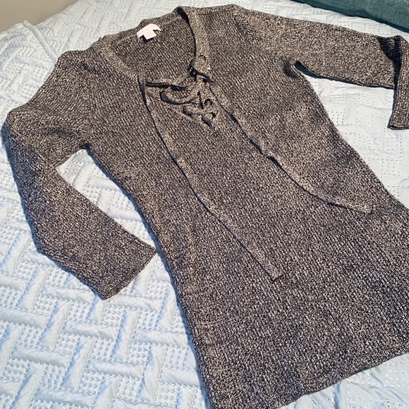 COPY - New York & Company ribbed fitted lace up Merle grey top lightweight swea… - Picture 1 of 10